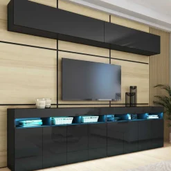 Zestawy Mebli Do Salonu|Meblościanki>BROMARKT Meblościanka czarna połysk 280 cm PREMIUM czarny