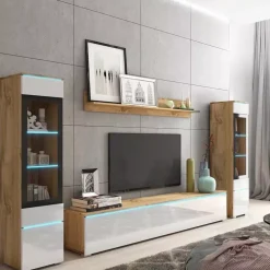 Meblościanki></noscript>BRATEX Meblościanka dąb wotan biały połysk VELLORE XL