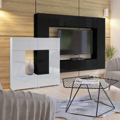 Zestawy Mebli Do Salonu></noscript>BROMARKT Meblościanka do salonu biało czarna połysk PREMIUM