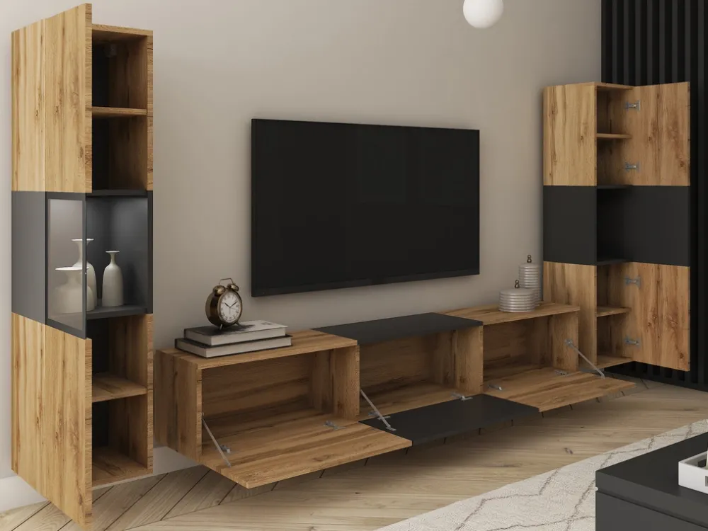 Zestawy Mebli Do Salonu|Meblościanki>BRATEX Meblościanka do salonu dąb wotan czarny BRAVIN