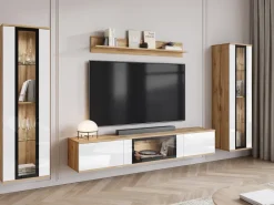 Meblościanki>BRATEX Meblościanka do salonu dąb wotan biały połysk CAVIO