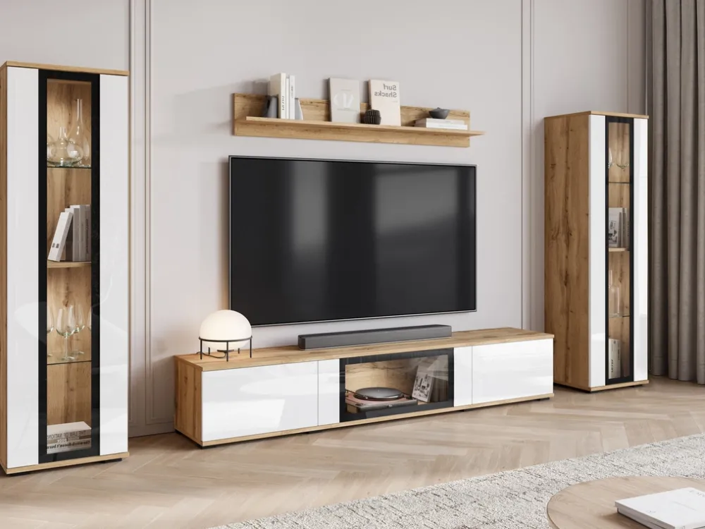 Meblościanki>BRATEX Meblościanka do salonu dąb wotan biały połysk CAVIO