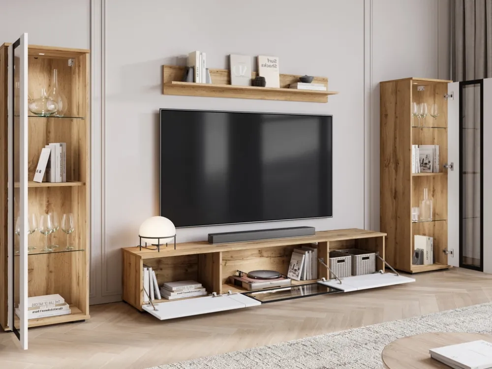 Meblościanki>BRATEX Meblościanka do salonu dąb wotan biały połysk CAVIO