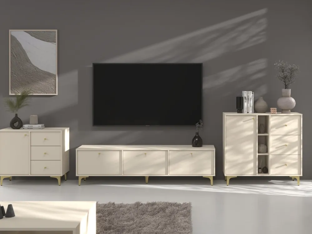 Zestawy Mebli Do Salonu|Meblościanki>Lempert Meblościanka do salonu z komodą i szafką RTV TOKEN beż piaskowy