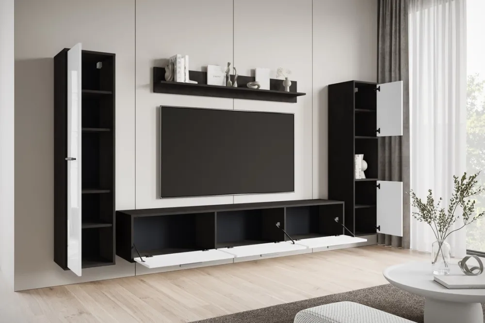 Meblościanki>BRATEX Meblościanka nowoczesna do salonu z szafką RTV BUENO biały połysk