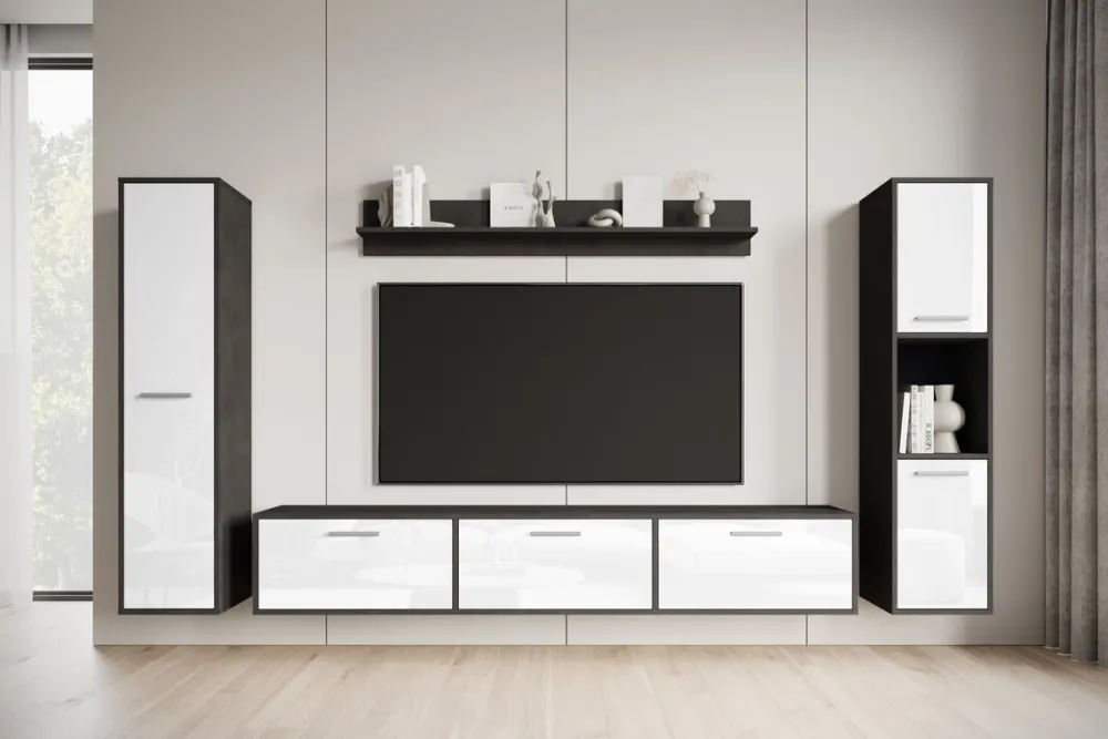 Meblościanki>BRATEX Meblościanka nowoczesna do salonu z szafką RTV BUENO biały połysk