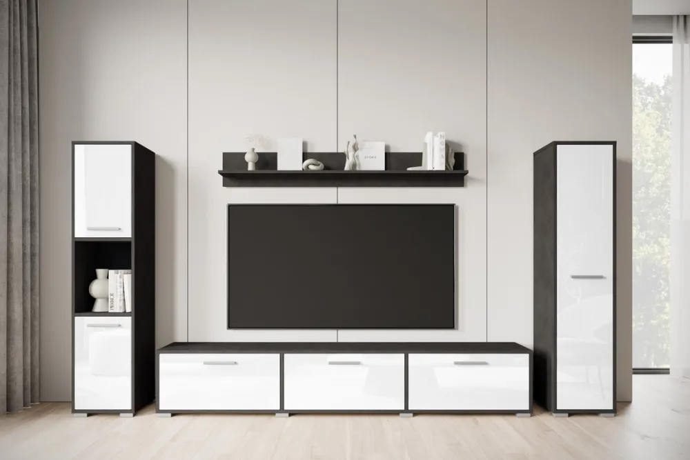 Meblościanki>BRATEX Meblościanka nowoczesna do salonu z szafką RTV BUENO biały połysk