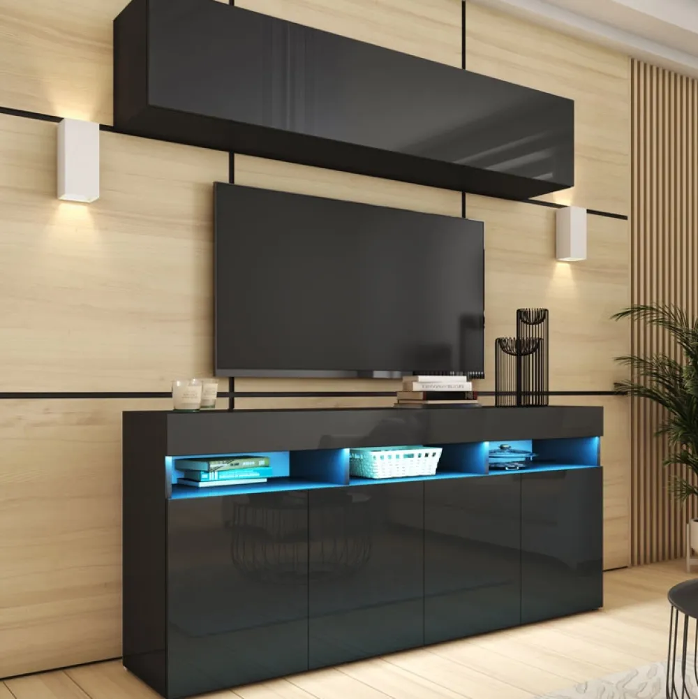 Zestawy Mebli Do Salonu>BROMARKT Meblościanka z komodą i barkiem 175 cm połysk PREMIUM czarny