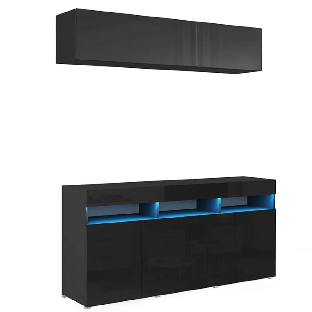 Zestawy Mebli Do Salonu>BROMARKT Meblościanka z komodą i barkiem 175 cm połysk PREMIUM czarny