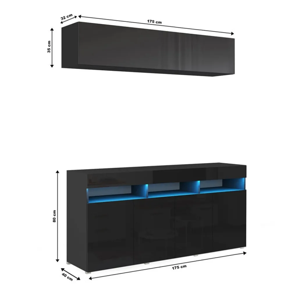 Zestawy Mebli Do Salonu>BROMARKT Meblościanka z komodą i barkiem 175 cm połysk PREMIUM czarny