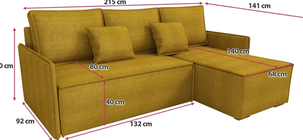 Narożniki>IZABELLA MEBLE Musztardowa sztruksowa rogówka z funkcją spania ATLANTIC