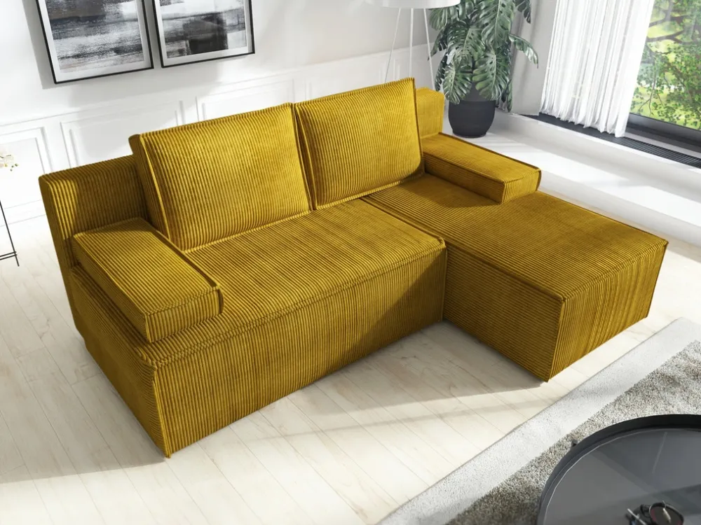 Narożniki>IZABELLA MEBLE Musztardowy narożnik sztruksowy z funkcją spania CASPAR