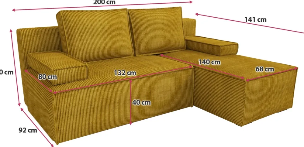 Narożniki>IZABELLA MEBLE Musztardowy narożnik sztruksowy z funkcją spania CASPAR