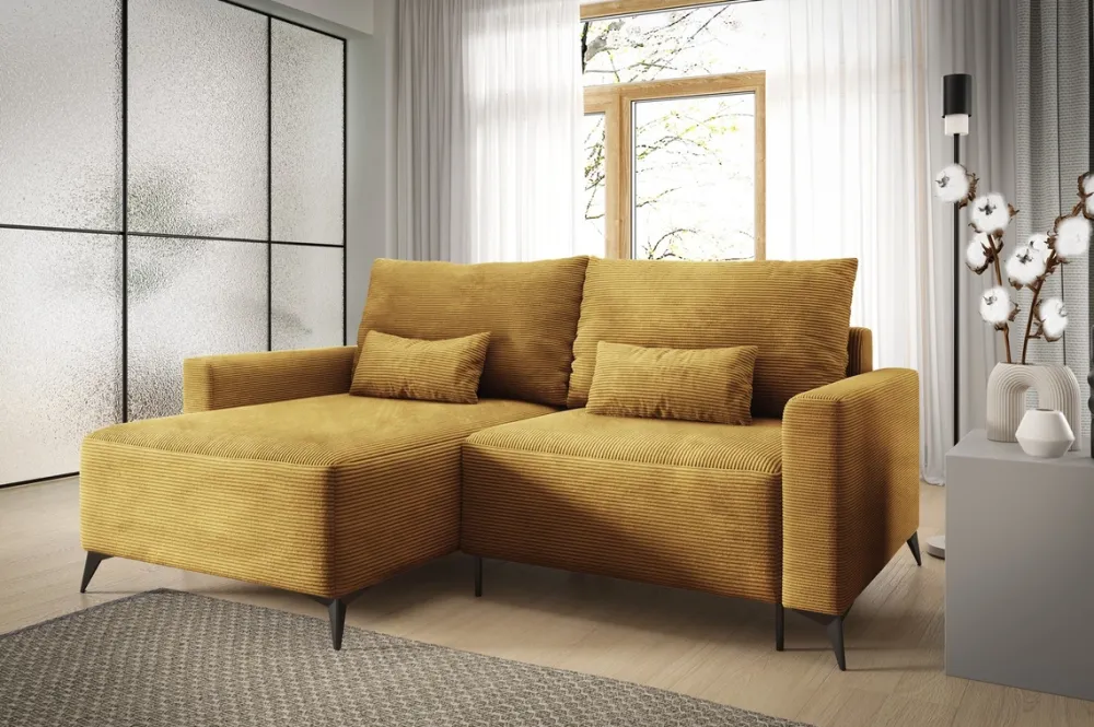 Meble Dla Dzieci|Meble Młodzieżowe>BROMARKT Musztardowy narożnik sztruksowy do salonu z funkcją spania LORENZO