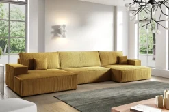 Narożniki>BROMARKT Musztardowy narożnik sztruksowy do salonu z funkcją spania duży PABLO