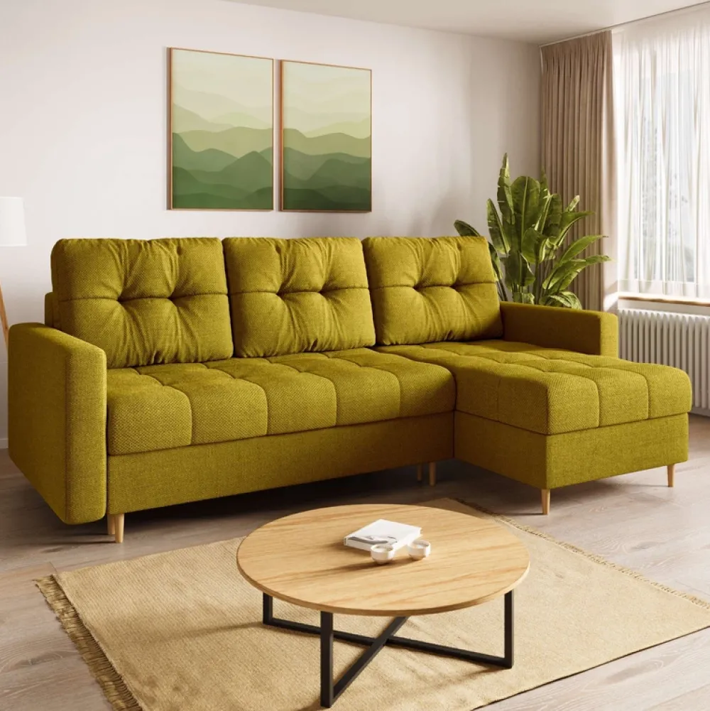 Meble Dla Dzieci|Meble Młodzieżowe>BROMARKT Musztardowy narożnik z funkcją spania i pojemnikiem na pościel LIZBONA