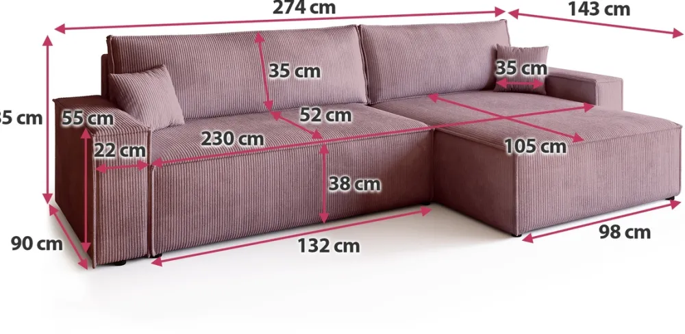 Narożniki>BROMARKT Narożnik z funkcją spania i pojemnikiem do salonu ADI XL róż