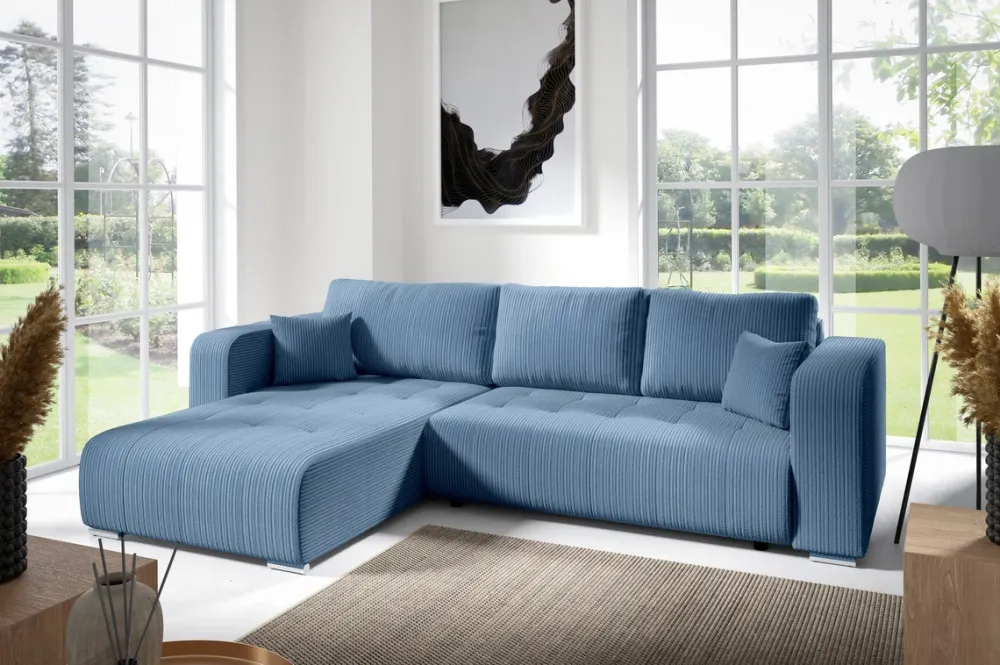 Meble Dla Dzieci|Narożniki>BROMARKT Niebieska rogówka do salonu z funkcją spania sztruksowa CELEST