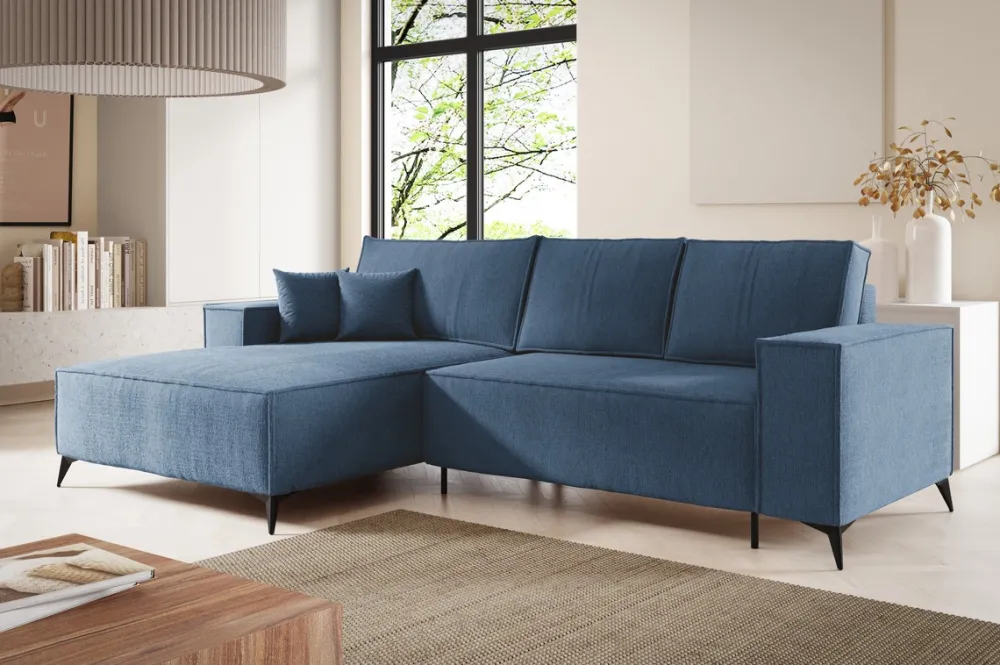 Narożniki>BROMARKT Niebieski narożnik rozkładany na nóżkach z pojemnikiem i funkcją spania APOLLO