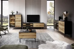 Zestawy Mebli Do Salonu|Witryny></noscript>LASKI Niska witryna do salonu przeszklona 100 cm LARINO dąb evoke