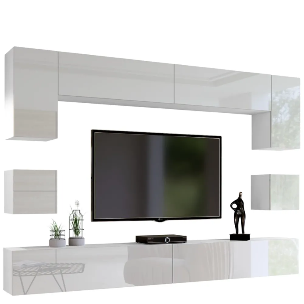 Zestawy Mebli Do Salonu|Meblościanki>BROMARKT Nowoczesna biała meblościanka do salonu PREMIUM połysk biały