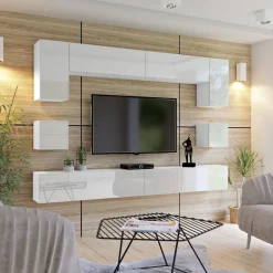 Zestawy Mebli Do Salonu|Meblościanki>BROMARKT Nowoczesna biała meblościanka do salonu PREMIUM połysk biały