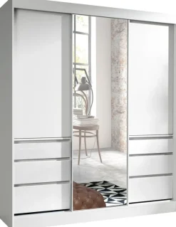 Zestawy Mebli Do Przedpokoju|Szafy Do Przedpokoju>JUREK Nowoczesna biała szafa przesuwna z lustrem 180 cm HORIZON biały