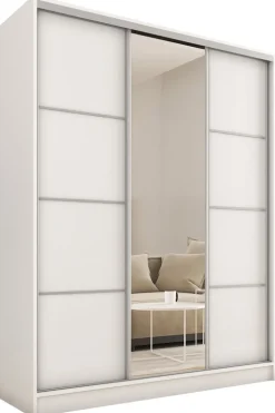 Zestawy Mebli Do Przedpokoju|Szafy Trzydrzwiowe>BROMARKT Nowoczesna biała szafa przesuwna z lustrem 150 cm TOP MAX biały