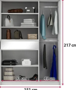 Szafy Do Pokoju Dziecięcego|Szafy Młodzieżowe></noscript>Stolar Nowoczesna biała szafa uchylna z lustrem i półkami 150 cm SPARK biały