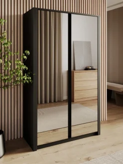 Szafy Dwudrzwiowe|Szafy Młodzieżowe>GAŁA MEBLE Nowoczesna czarna szafa 113 cm do przedpokoju uchylna z lustrami MELVIN