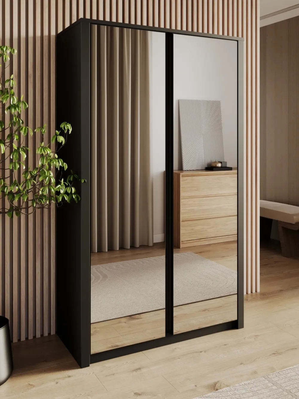 Szafy Dwudrzwiowe|Szafy Młodzieżowe>GAŁA MEBLE Nowoczesna czarna szafa 113 cm do przedpokoju uchylna z lustrami MELVIN