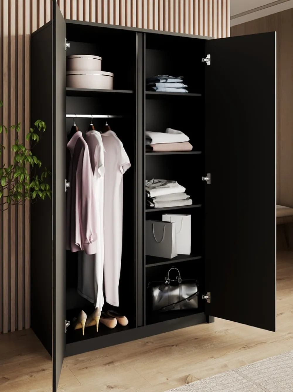 Szafy Dwudrzwiowe|Szafy Młodzieżowe>GAŁA MEBLE Nowoczesna czarna szafa 113 cm do przedpokoju uchylna z lustrami MELVIN