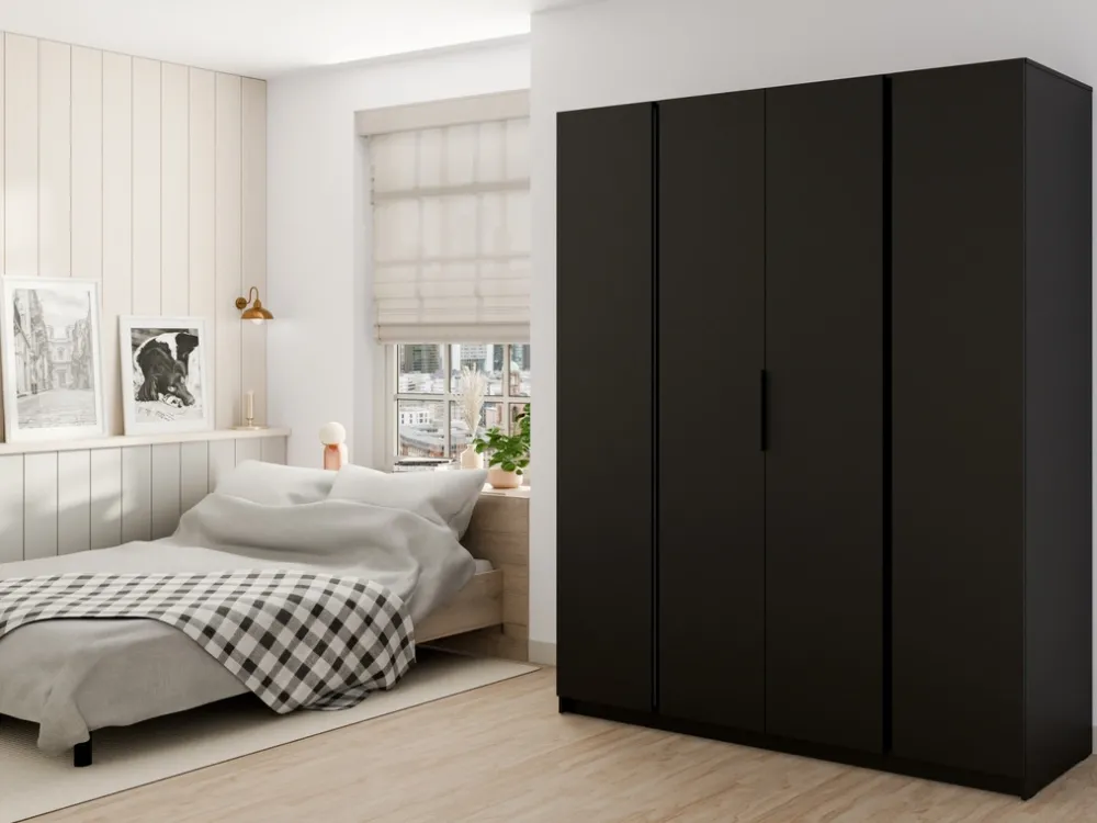 Meble Młodzieżowe|Szafy Do Przedpokoju>Lempert Nowoczesna czarna szafa czterodrzwiowa z półkami 200 cm KARAT czarny