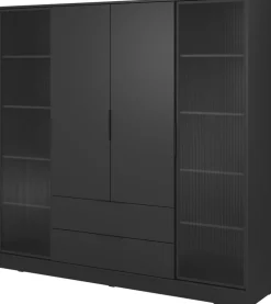 Szafy Młodzieżowe|Szafy Do Salonu>PIASKI Nowoczesna czarna szafa z witryną i szufladami 206 cm KAMIS czarny