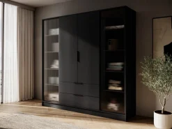 Szafy Młodzieżowe|Szafy Do Salonu>PIASKI Nowoczesna czarna szafa z witryną i szufladami 206 cm KAMIS czarny