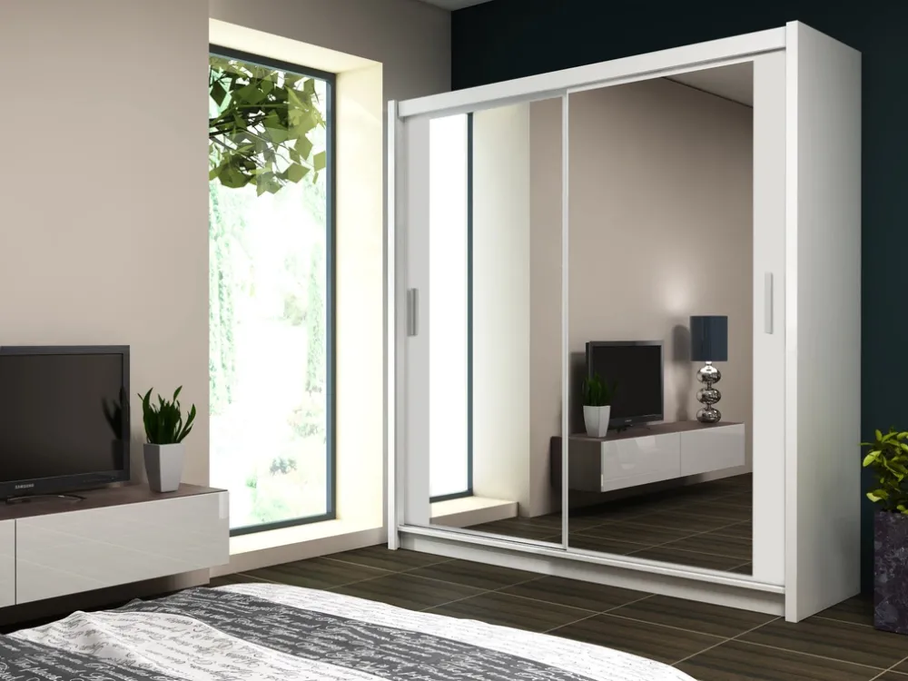 Szafy Przesuwne|Szafy Dwudrzwiowe>Stolar Nowoczesna czarna szafa z lustrem i półkami 160 cm PASCAL czarny