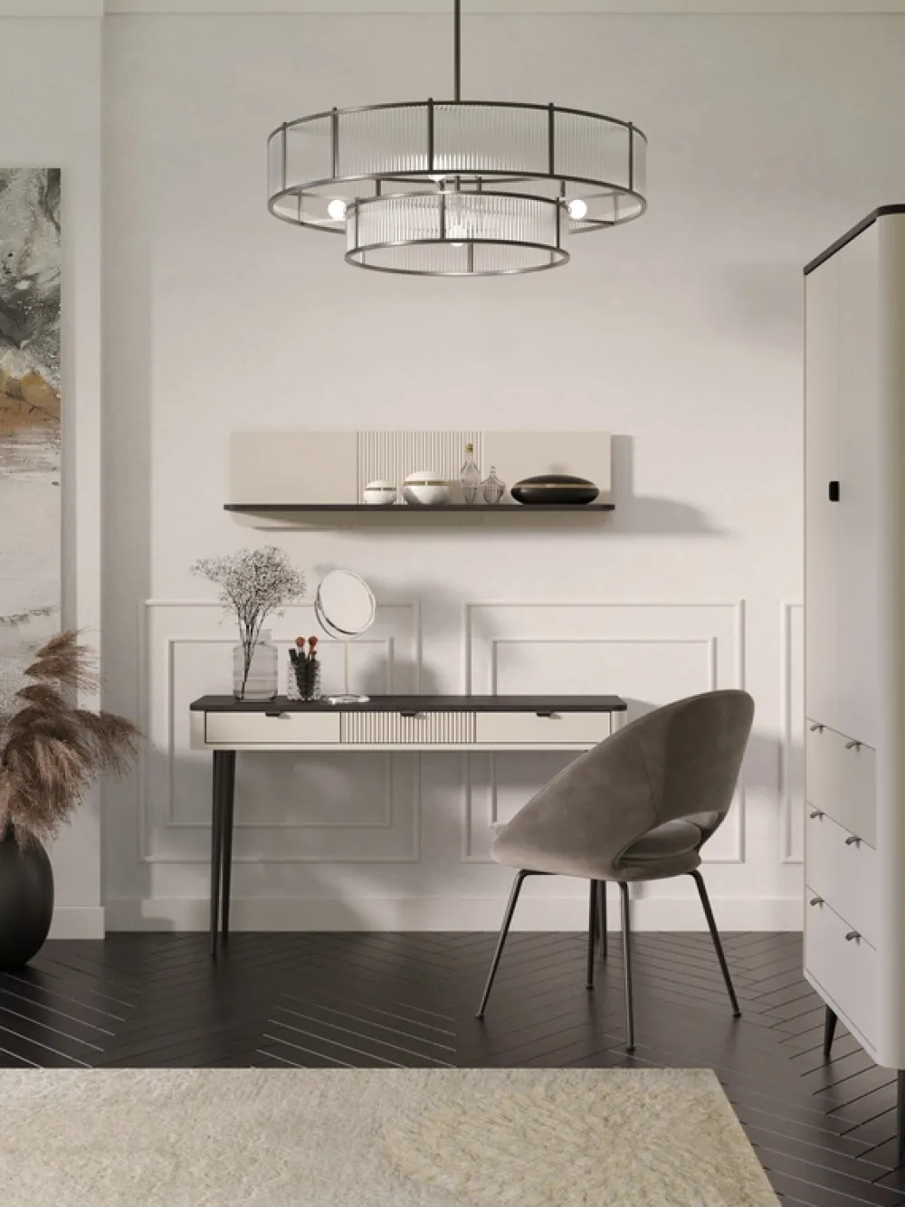 Toaletki I Konsole>JUREK Nowoczesna kaszmirowa toaletka z szufladami 130 cm MIREL