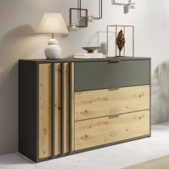 Meble Młodzieżowe|Zestawy Mebli Do Sypialni></noscript>MEBLOSIEK Nowoczesna komoda 125 cm do sypialni z szufladami RUSTICA szary grafit