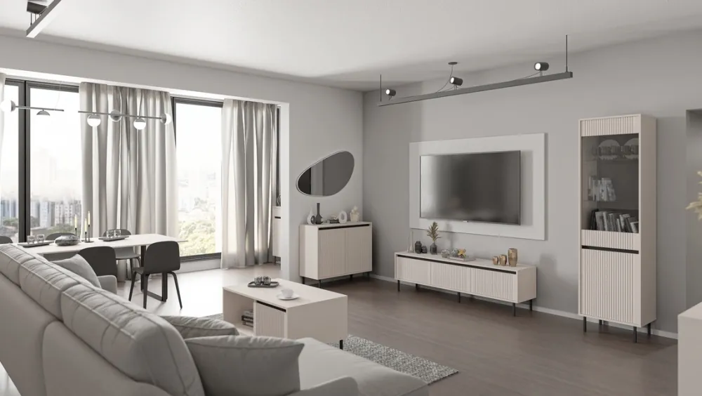 Zestawy Mebli Do Salonu|Komody>Lempert Nowoczesna komoda trzydrzwiowa 148 cm z frezowanymi frontami OMEGA beż piaskowy