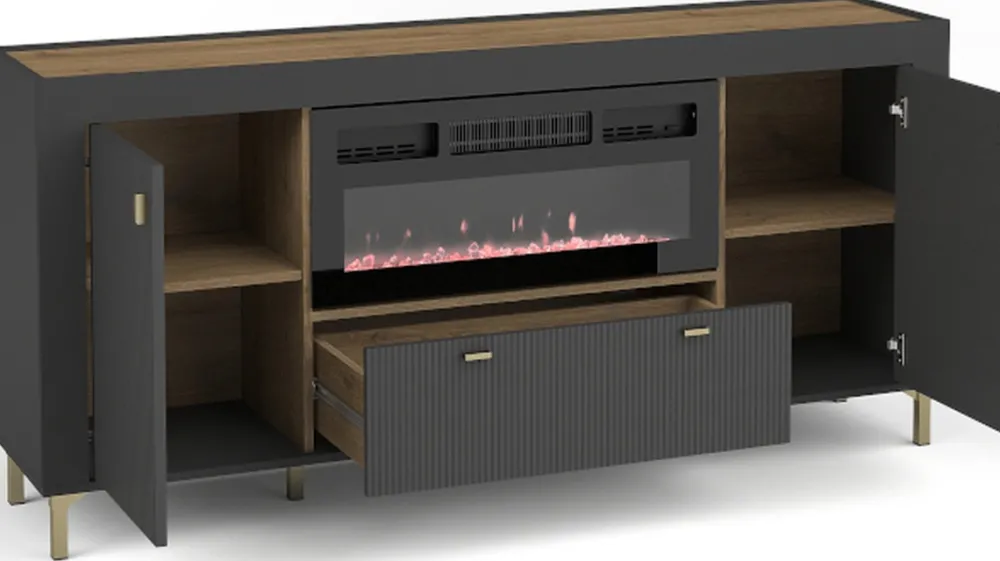 Komody>DOLMAR Nowoczesna komoda z kominkiem grzewczym 177 cm MISTY czarny