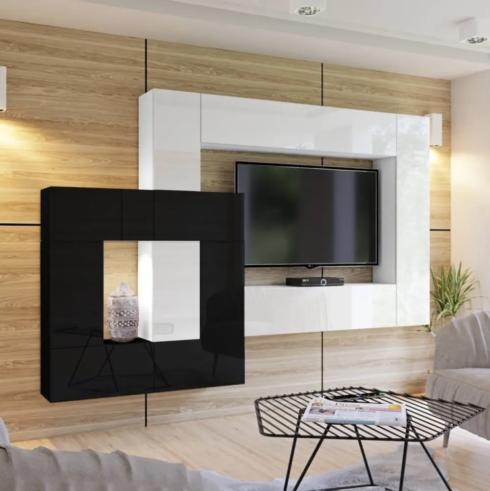 Zestawy Mebli Do Salonu>BROMARKT Nowoczesna meblościanka czarno biała połysk PREMIUM