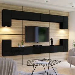Zestawy Mebli Do Salonu|Meblościanki>BROMARKT Nowoczesna meblościanka do salonu połysk 350 cm PREMIUM czarny