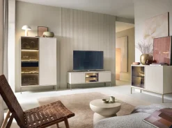 Zestawy Mebli Do Salonu|Meblościanki>PIASKI Nowoczesna meblościanka do salonu z witryną kaszmir SEWILLA