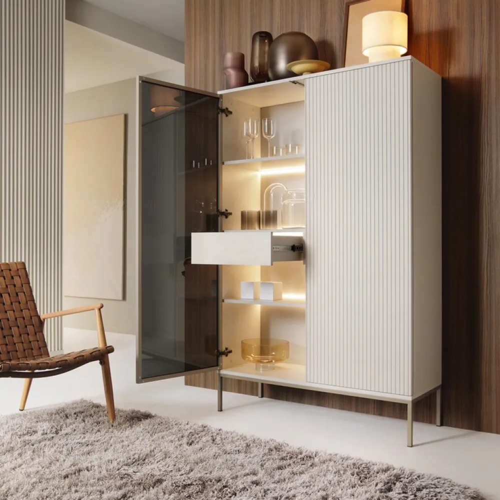 Zestawy Mebli Do Salonu|Meblościanki>PIASKI Nowoczesna meblościanka do salonu z witryną kaszmir SEWILLA