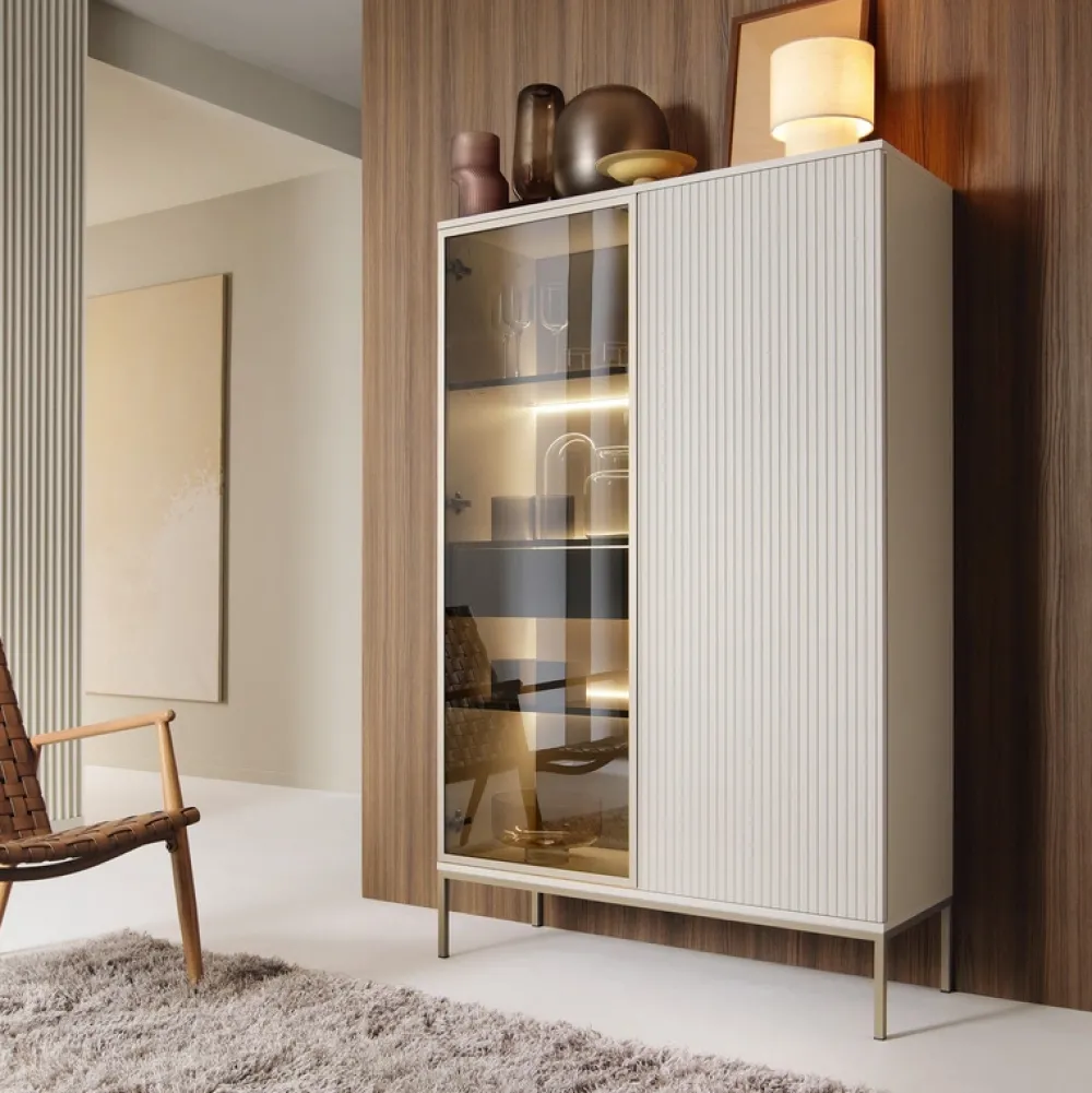 Zestawy Mebli Do Salonu|Meblościanki>PIASKI Nowoczesna meblościanka do salonu z witryną kaszmir SEWILLA