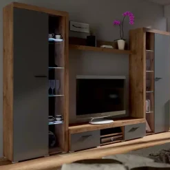 Meblościanki>Lempert Nowoczesna meblościanka do salonu Grafit Dąb lefkas SAMBA BIG