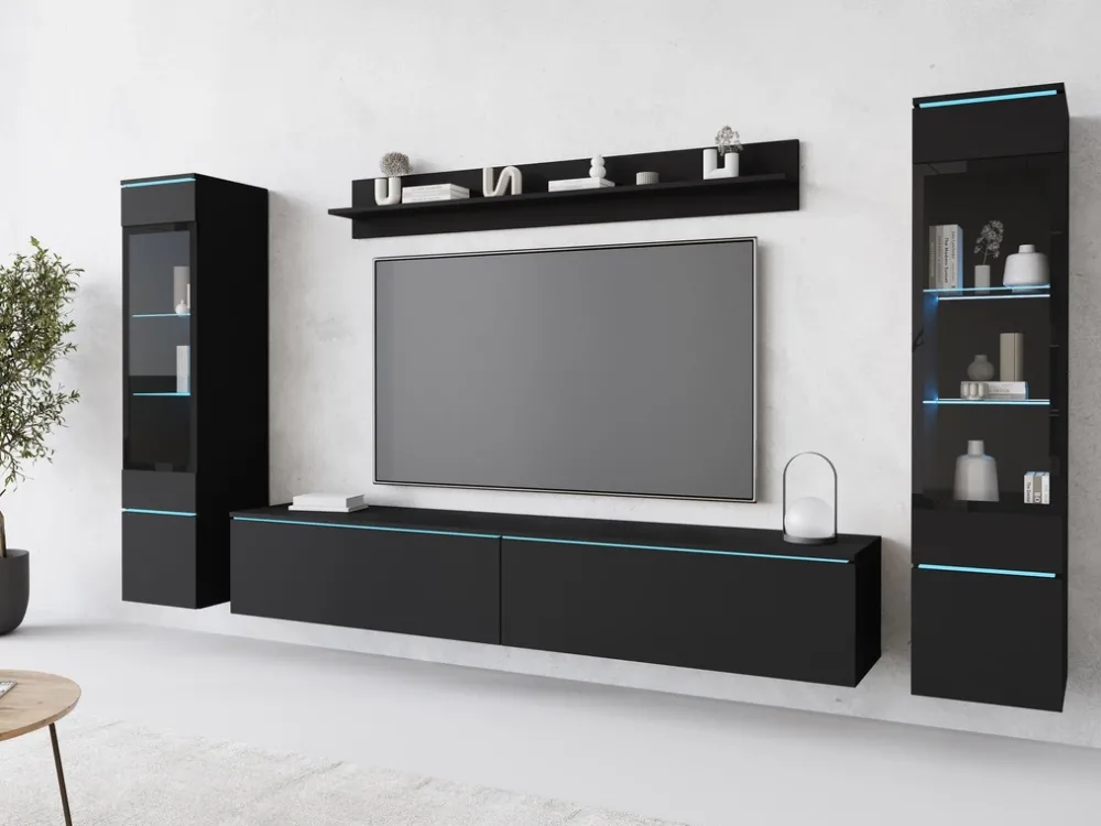Meblościanki>BRATEX Nowoczesna meblościanka do salonu z szafką RTV VELLORE XL czarny