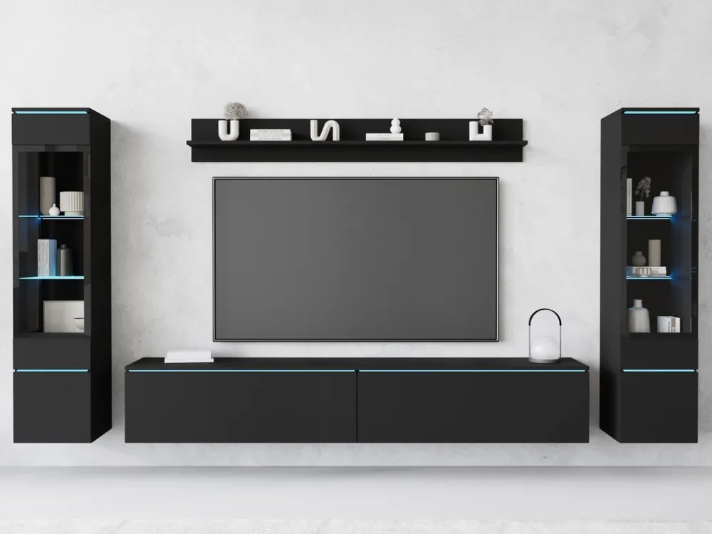 Meblościanki>BRATEX Nowoczesna meblościanka do salonu z szafką RTV VELLORE XL czarny