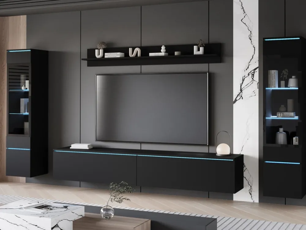 Meblościanki>BRATEX Nowoczesna meblościanka do salonu z szafką RTV VELLORE XL czarny