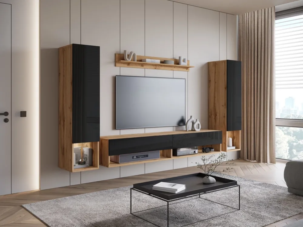 Meblościanki>BRATEX Nowoczesna meblościanka RTV do salonu czarny połysk MADERA